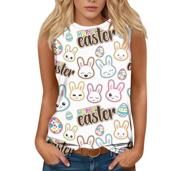 Women's Fashion Casual Easter Printed Round Neck Sleeveless T-Shirt Tops - Image 17