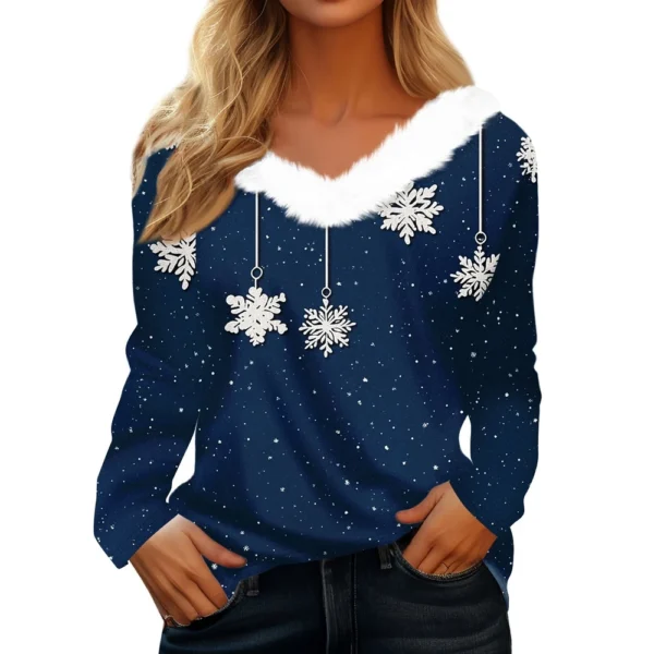 Women's Christmas Long Sleeve Shirt Top V Neck Party Fleece Collar T Shirt - Image 7