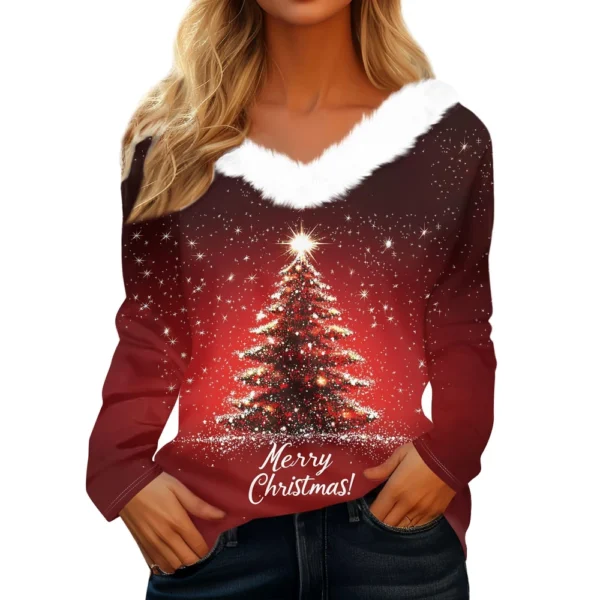 Women's Christmas Shirt Long Sleeve Top Fleece Collar Party V Neck T Shirt - Image 14