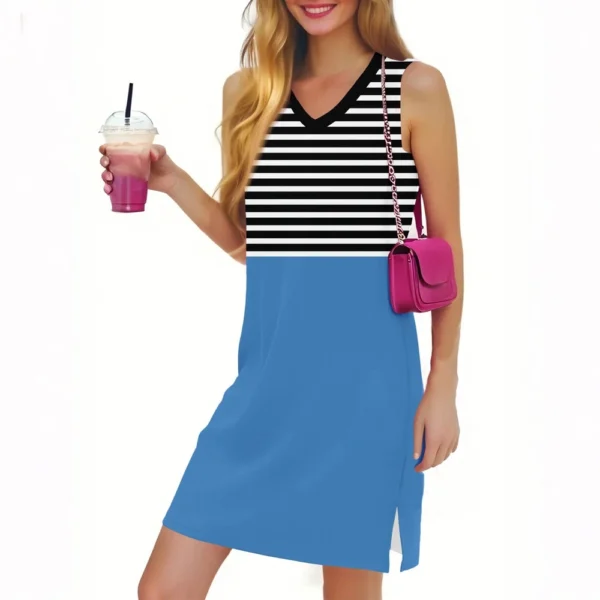 Women's Casual Fashion Sexy V-neck Sleeveless Striped Hem Slit Dress - Image 15