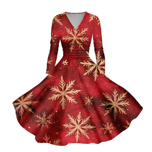 Women's Casual V-Neck Slim Fashion Christmas Long Sleeve Printed Dresses - Image 2