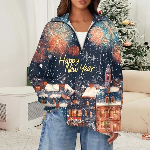 Women's Casual Half Zipper Lapel Christmas Printed Pullover Top Side Slit - Image 28