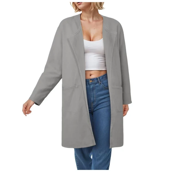 Ladies Solid Color Lapel Cardigan Tweed Cotton Coat Long Sleeve Jacket With - Image 37