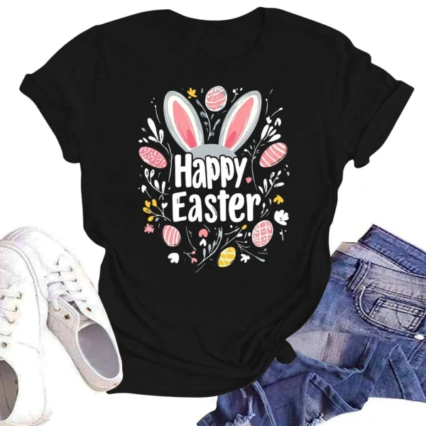 Happy Easter Women's Fashion Printed Round Neck Short Sleeve T-Shirt Pullover - Image 16
