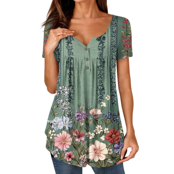 Women Tunic Tops Dressy Casual Summer Short Sleeve Shirts Loose Fit Pleated - Image 14