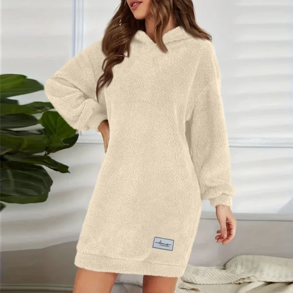 Women's Fashion Hooded Long Sleeve Plush Dress Solid Color Casual Sweatshirt - Image 13