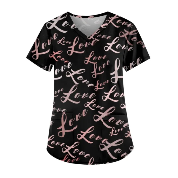 Women's Cute Printed Work Clothes V-neck Double Layer Pockets Basic Short - Image 13