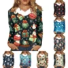 Women's Loose Casual Long Sleeved Christmas Printed Plush Collar V Neck Top,