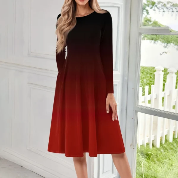 Women's Casual Fashion Round Neck Long Sleeve Print Midi Dress - Image 34