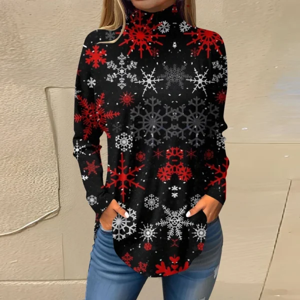 Women's Casual Christmas High Neck Pullover Long Sleeve Printed Fashion T-Shirt - Image 19