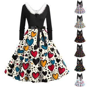 Women's Fashion Round Neck Casual Slim  Printed Long Sleeve Dresses