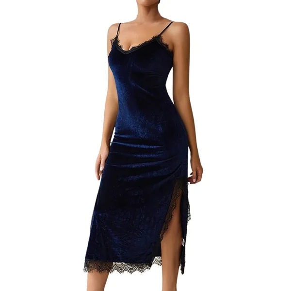 Ladies' Sexy Deep V-velvet Lace Long Suspender Home Nightgown - Image 17