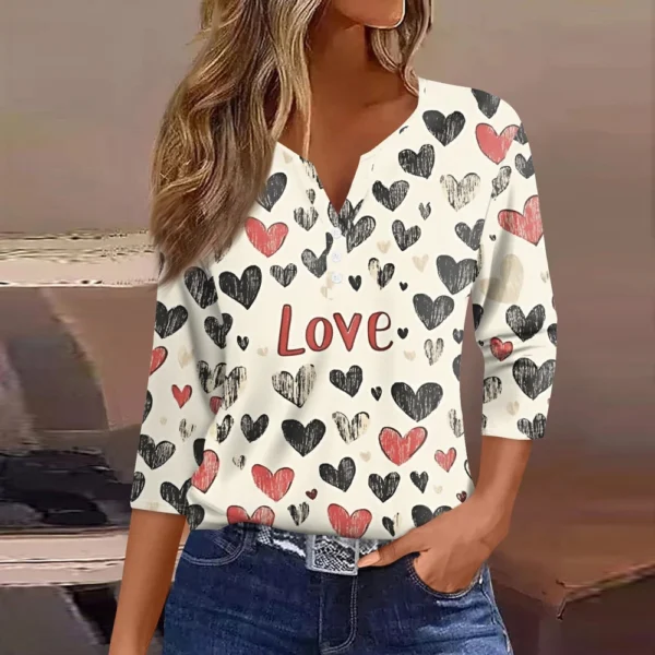 Women's T Shirt Tee Valentine's Day Print Button 3/4 Sleeve Daily Weekend - Image 13