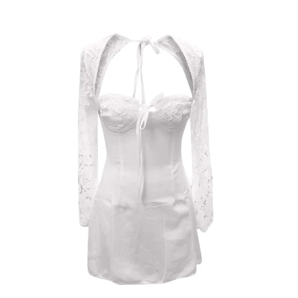 Women 's Elegant Lace Dress Lace Patchwork Long Sleeve Low Cut Dress Backless - Image 9