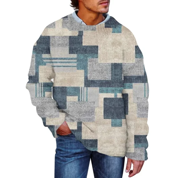 Men'S Printed Synthetic Sweater Round Neck Sportswear Loose Long Sleeved Top - Image 23
