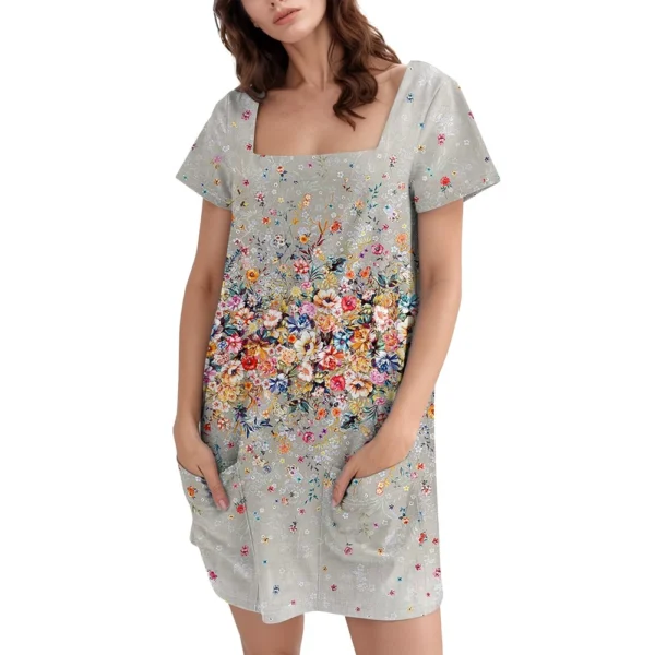 Women's Square Collar Short Sleeve Fashion Skirt Floral Print Pocket Casual - Image 19