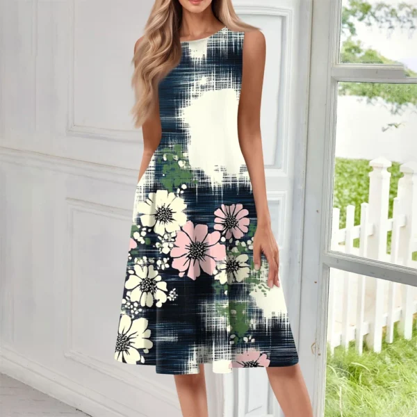 Women's Casual Fashion Floral Print Round Neck Sleeveless Solid Color Midi Dress - Image 28