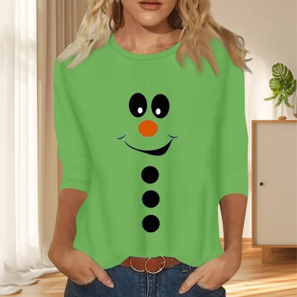 Women's Christmas Casual Round Neck T-Shirt Printed 3/4 Sleeve Loose Ladies Top - Image 16