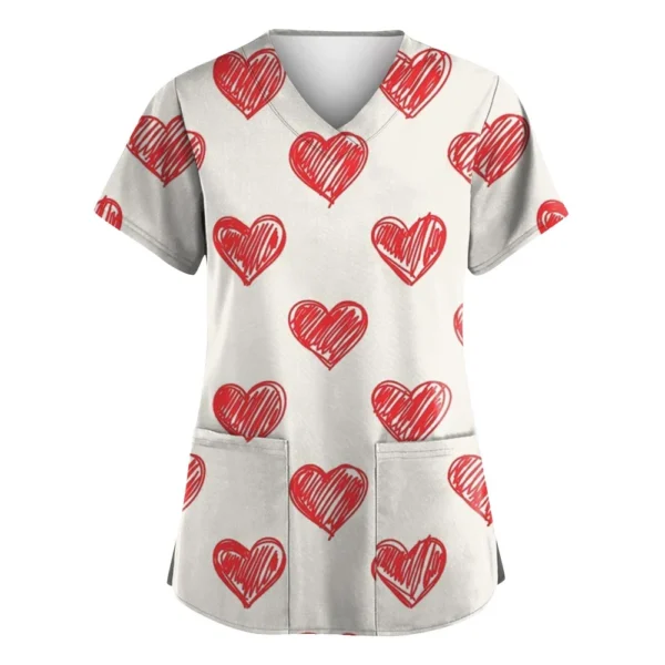 Women's Valentine's Day Printed  Uniform Work Uniform V-Neck Pocket Protective - Image 14