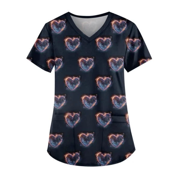Women's Cute Printed Work Clothes V-neck Double Layer Pockets Basic Short - Image 10