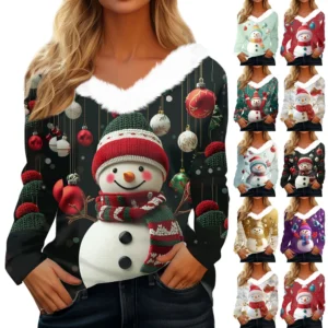 Women's Long Sleeve Christmas Printed Party Plush Neck Wide Casual V-Neck Top