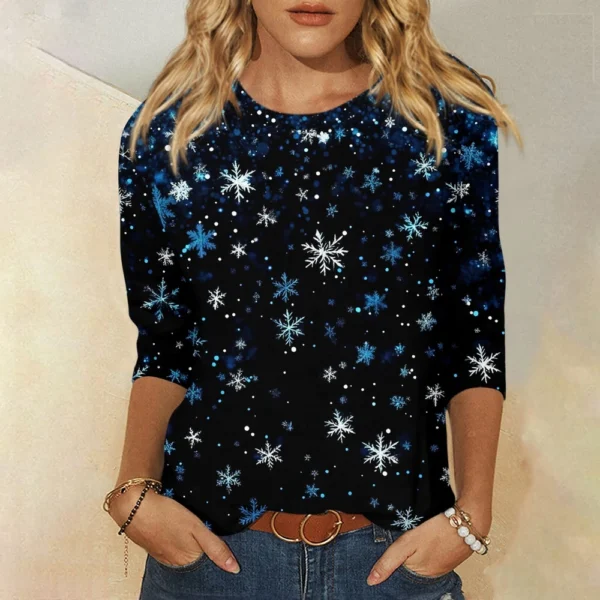 Ladies Loose Casual Round Neck T-Shirt Printed 3/4 Sleeve Christmas Women's Top - Image 34