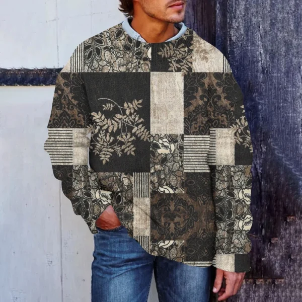 Men'S Printed Synthetic Sweater Round Neck Sportswear Loose Long Sleeved Top - Image 16