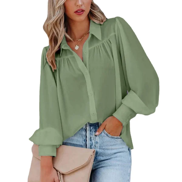 Button-down top pleated solid color stand-up collar women's clothing - Image 9