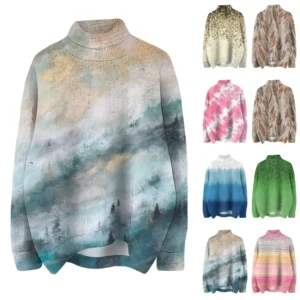 Women's Crew-neck Casual Long-sleeved Striped Printed Turtleneck Knitted Top