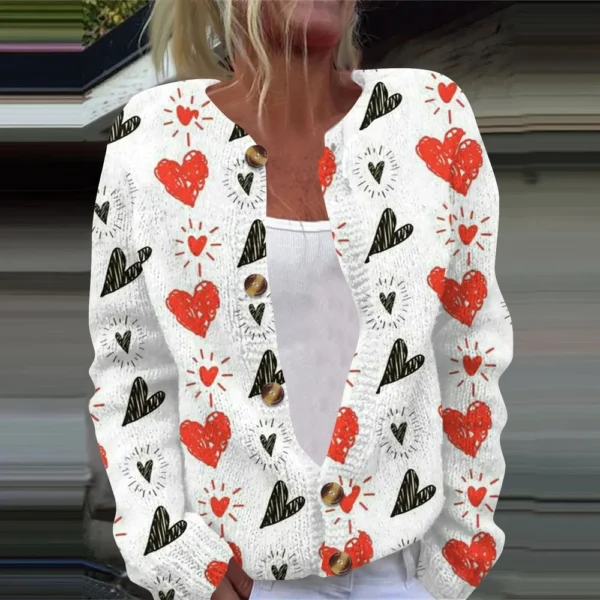 Women's Fashion Printed Valentine's Day Long Sleeved Knitted Cardigan Button - Image 28