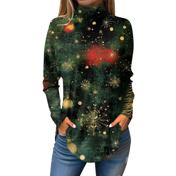 Women's Printed Christmas High Neck Pullover Long Sleeve Casual Fashion T-Shirt - Image 14