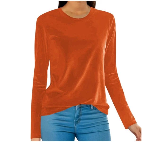 Women's Fashion Golden Velvet Solid Colour Round Neck Long Sleeve T-Shirt Top - Image 40