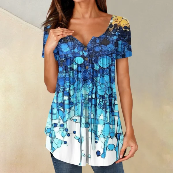Women Tunic Tops Dressy Casual Summer Short Sleeve Shirts Loose Fit Pleated - Image 16