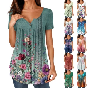 Women Tunic Tops Dressy Casual Summer Short Sleeve Shirts Loose Fit Pleated
