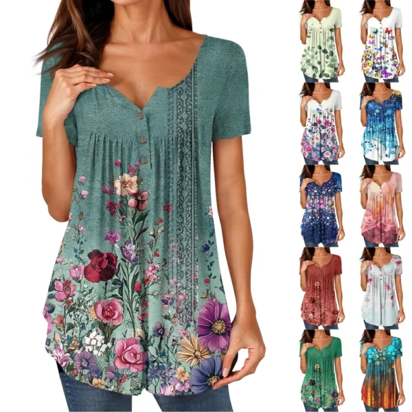 Women Tunic Tops Dressy Casual Summer Short Sleeve Shirts Loose Fit Pleated