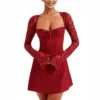 Women 's Elegant Lace Dress Lace Patchwork Long Sleeve Low Cut Dress Backless - Image 3
