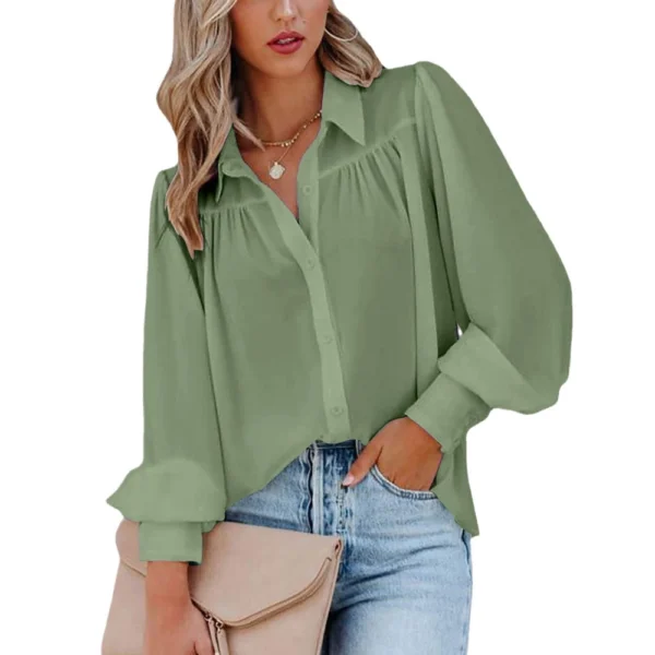 Button-down top pleated solid color stand-up collar women's clothing - Image 5