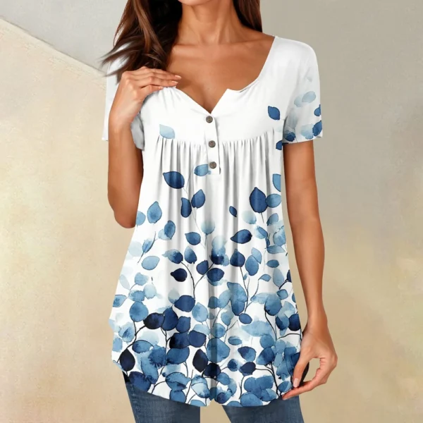 Women Tunic Tops Dressy Casual Summer Short Sleeve Shirts Loose Fit Pleated - Image 43