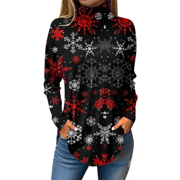 Women's Casual Christmas High Neck Pullover Long Sleeve Printed Fashion T-Shirt - Image 20