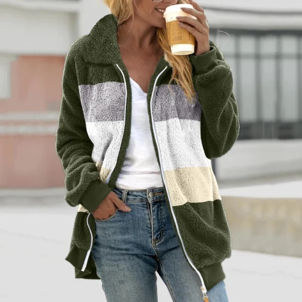 Women's Casual Color Blocking Loose Plush Zippered Flip Collar Jacket With - Image 13