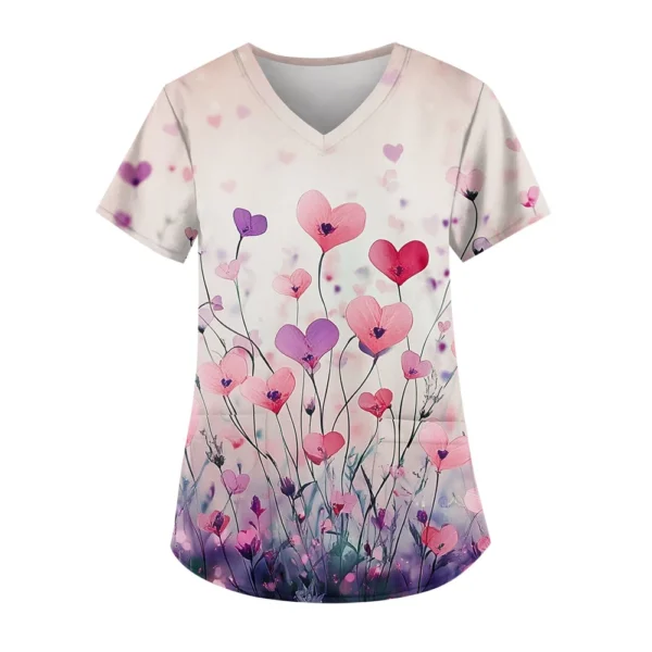 Women's Cute Printed Work Clothes V-neck Double Layer Pockets Basic Short - Image 3