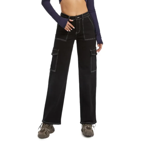 Blue Flower Pocket Plus Size Wide Leg Pants For Women Jeans - Image 2