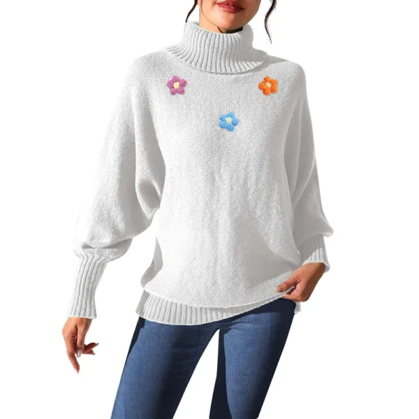 Women's  Fall And Winter Solid  Hand   Crochet Flower Splicing Turtleneck - Image 23