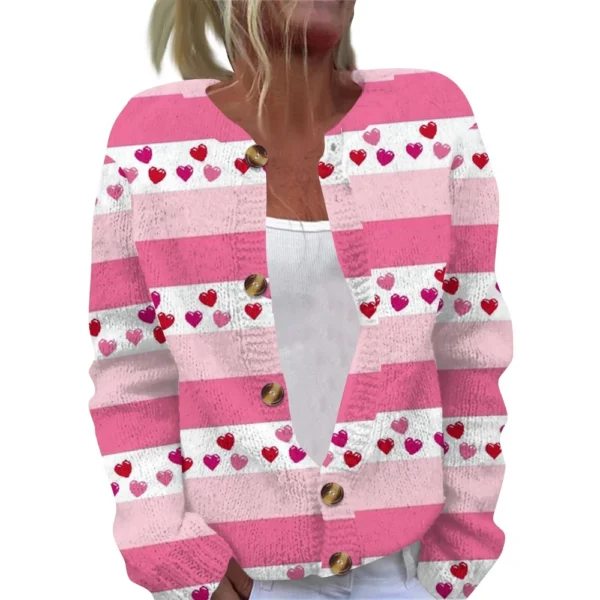 Women's Fashion Printed Valentine's Day Long Sleeved Knitted Cardigan Button - Image 3