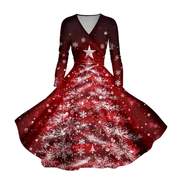 Women's Casual V-Neck Slim Fashion Christmas Long Sleeve Printed Dresses - Image 29