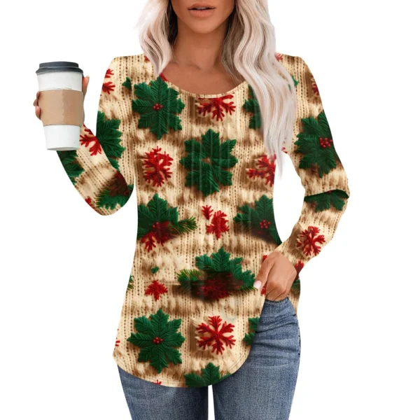 Women's Christmas Pleated Top Round Neck Casual Printed Long Sleeved T-Shirt - Image 41