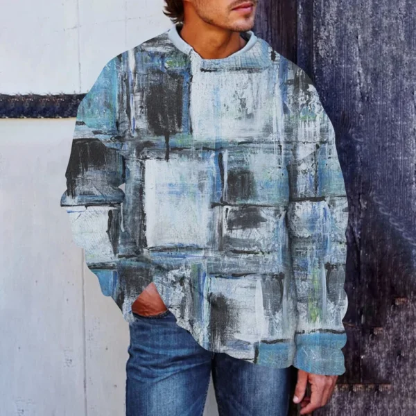 Men'S Printed Synthetic Sweater Round Neck Sportswear Loose Long Sleeved Top - Image 22