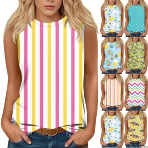 Women's Fashion Casual Easter Printed Round Neck Sleeveless T-Shirt Tops