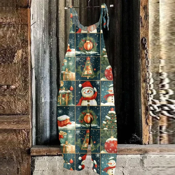 Women's Shoulder Strap Vintage Loose Print Casual Jumpsuit Christmas - Image 31