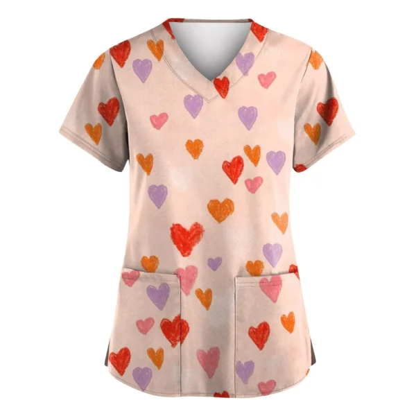Women's Valentine's Day Printed  Uniform Work Uniform V-Neck Pocket Protective - Image 23
